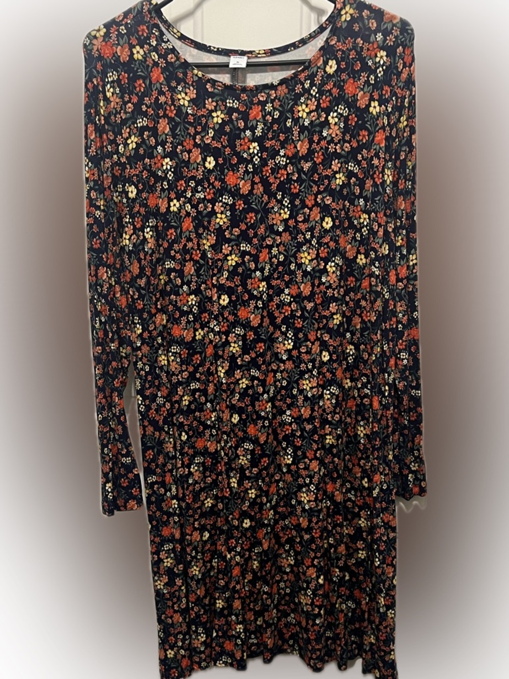 Black Floral Long Sleeve Swing Dress - Rust & Cream Flowers